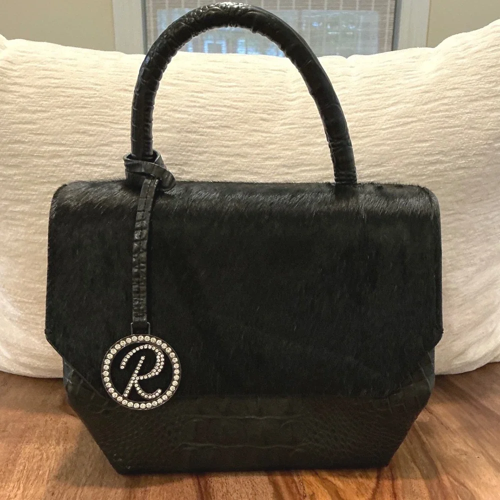 Raviani Designer‎ Top Handle Bag Black Furry Leather Alligator Embossed Purse